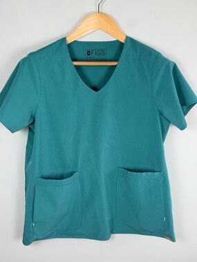 FIGS Teal Scrub Top EAC V Neck Double Pocket Stretch Medical Uniform Medium
